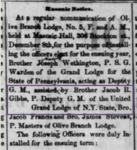 This news article is from "Mirror of the Times," a San Francisco paper. It states that Jacob R. Gibbs took part in a Freemason induction ceremony held on December 8, 1857, and that he represented the United Grand Lodge of New York State.