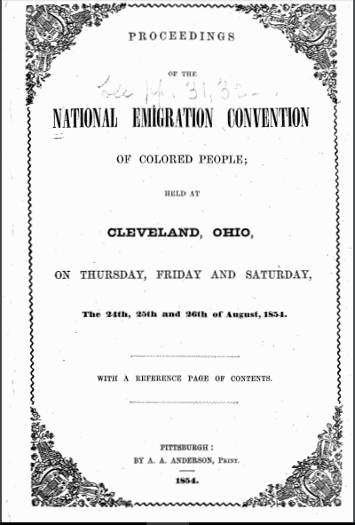 Black and white image of a document reading "National Emigration Convention of Colored People"