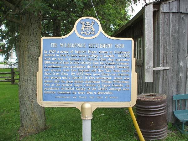 Historical plaque at the Wilberforce Settlement