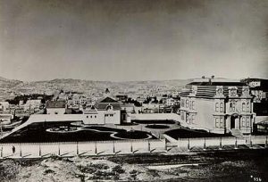 Mary Ellen Pleasant's Mansion, ca. 1880s. Image courtesy of FoundSF (San Francisco's Digital Archive). Black and white photo showing the mansion from a distance.