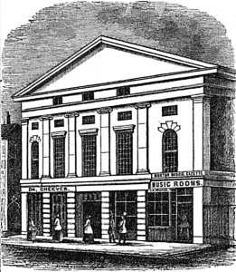 Engraving of the first Tremont Temple in Boston, Massachusetts. Published in The Boston Directory for the year 1851. George Adams, Boston 1851 appendix p.68. Image courtesy of Wikimedia Commons. Black and white engraving.