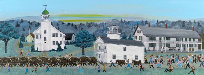 painting of a school under attack