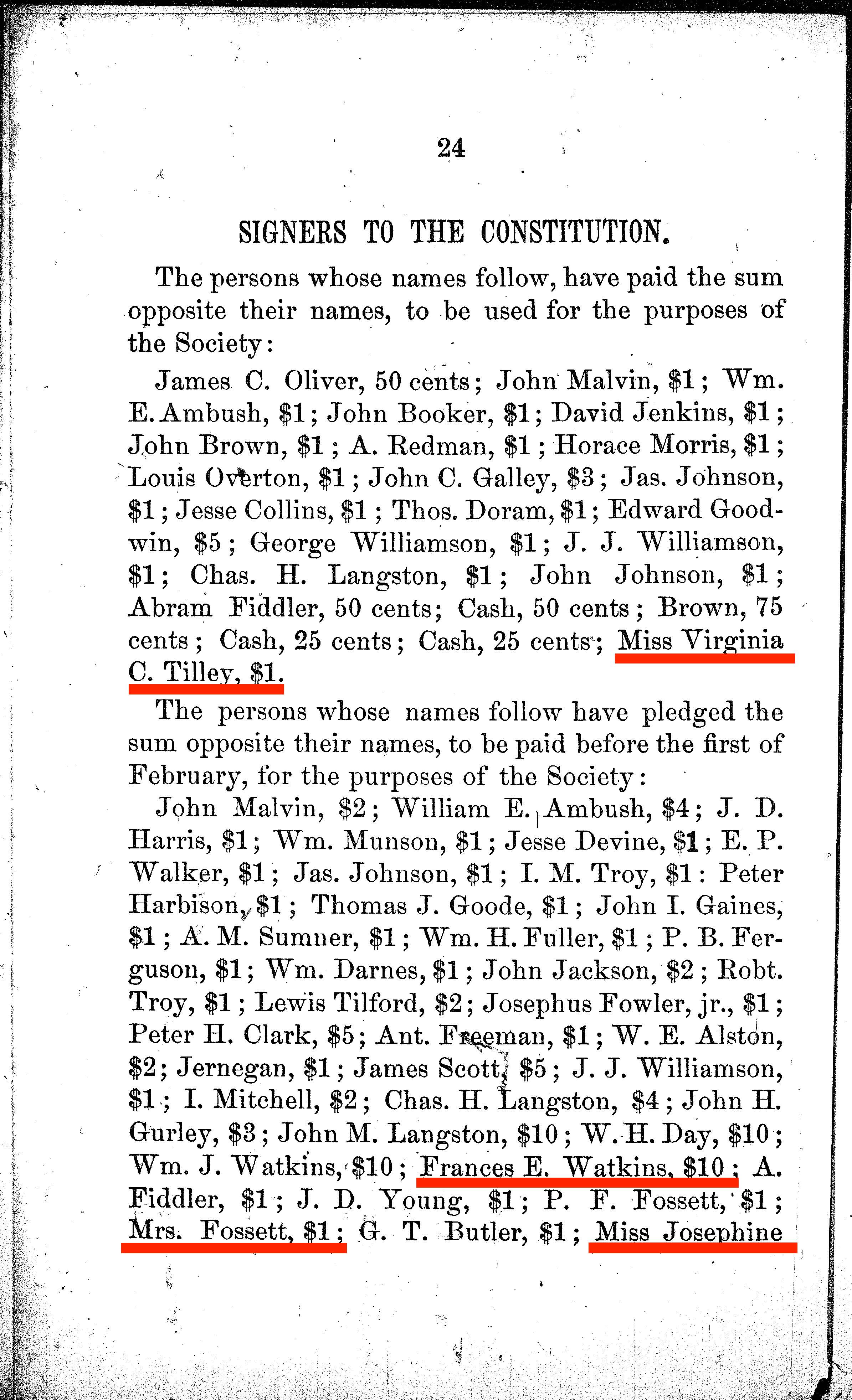 Typed convention proceedings with women signers underlined in red.