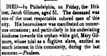 An old printed notice of Jacob Gilmore's death.